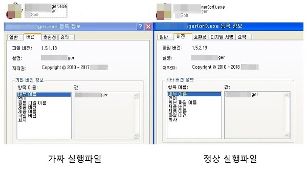 ▲ 파일 관리 프로그램 위장 ‘다르마 랜섬웨어’ 실행 파일(왼쪽)과 정상 파일(오른쪽)