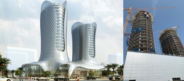 사진설명 : 왼쪽=Al Jaber Twin tower 예상 조망도, 오른쪽=Al Jaber Twin tower 건축현장