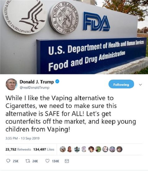 사진 : 전자담배 관련 FDA 결과 발표 후 트럼프 미대통령의 공식 트위터 입장 발표