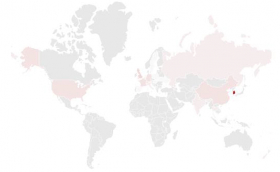 전 세계 27개 국가에서 발생한 SectorJ17 그룹의 해킹 활동 도표. NSHC 보고서 이미지 캡쳐.