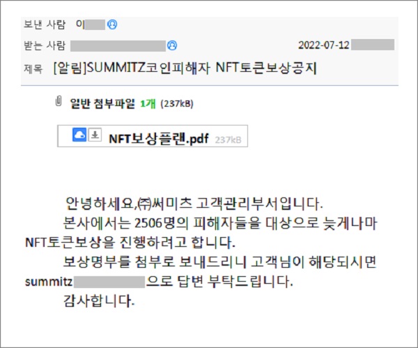 써미츠 코인 피해자 대상 NFT 보상 공지로 위장한 해킹 이메일 화면(자료제공-이스트시큐리티)