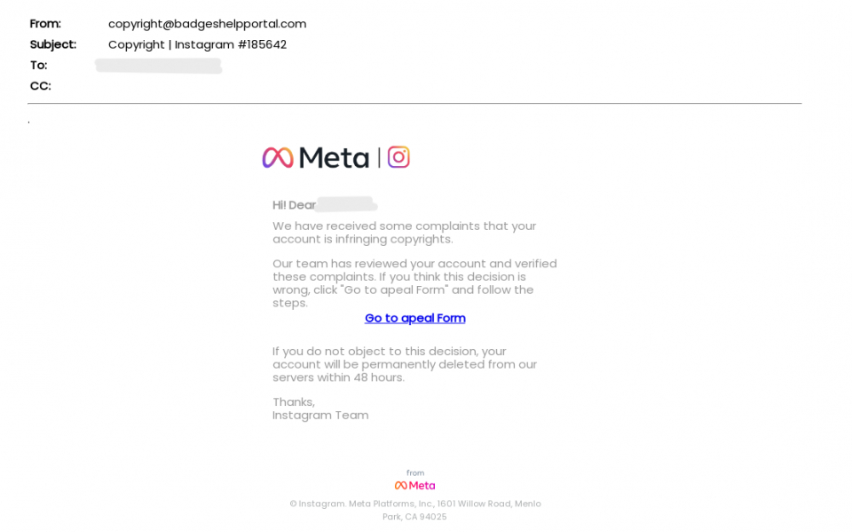 Meta를 사칭한 이메일, 사용자가 저작권을 침해했다며 계정이 삭제되는 것을 방지하기 위해 링크 클릭을 유도(에스에스앤씨 제공)